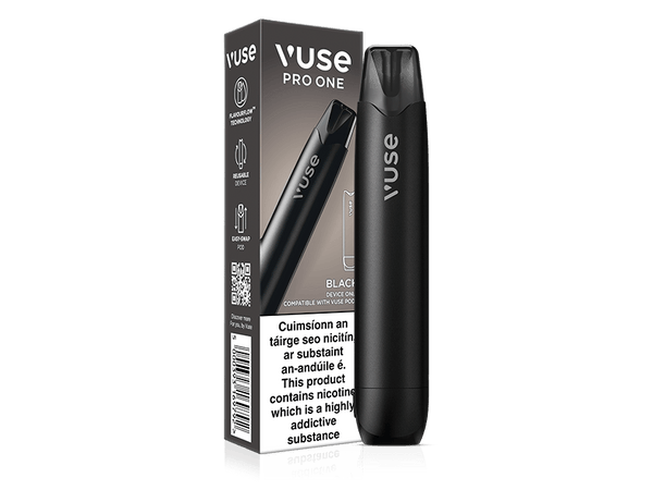 Vuse Ireland A black Vuse Pro One vape device stands beside its packaging, which features product details and a nicotine warning label in both Irish and English.