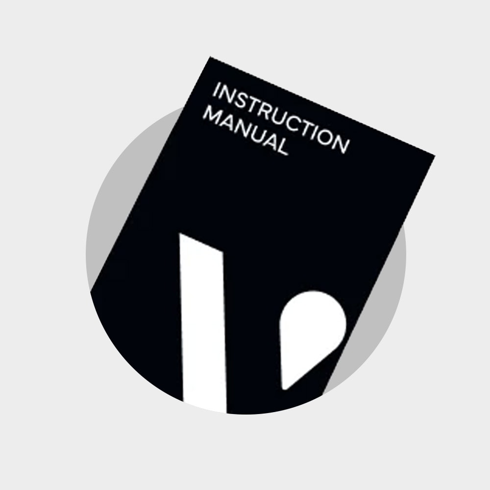 Vuse Ireland A black instruction manual with white text and abstract shapes is tilted over a gray circle on a light gray background.