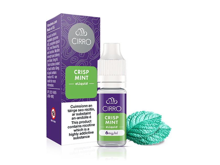 Vuse Ireland A bottle and box of CIRRO Crisp Mint eLiquid, labeled 6mg/ml nicotine, with two mint leaves beside them. The box warns that the product contains nicotine, which is highly addictive.
