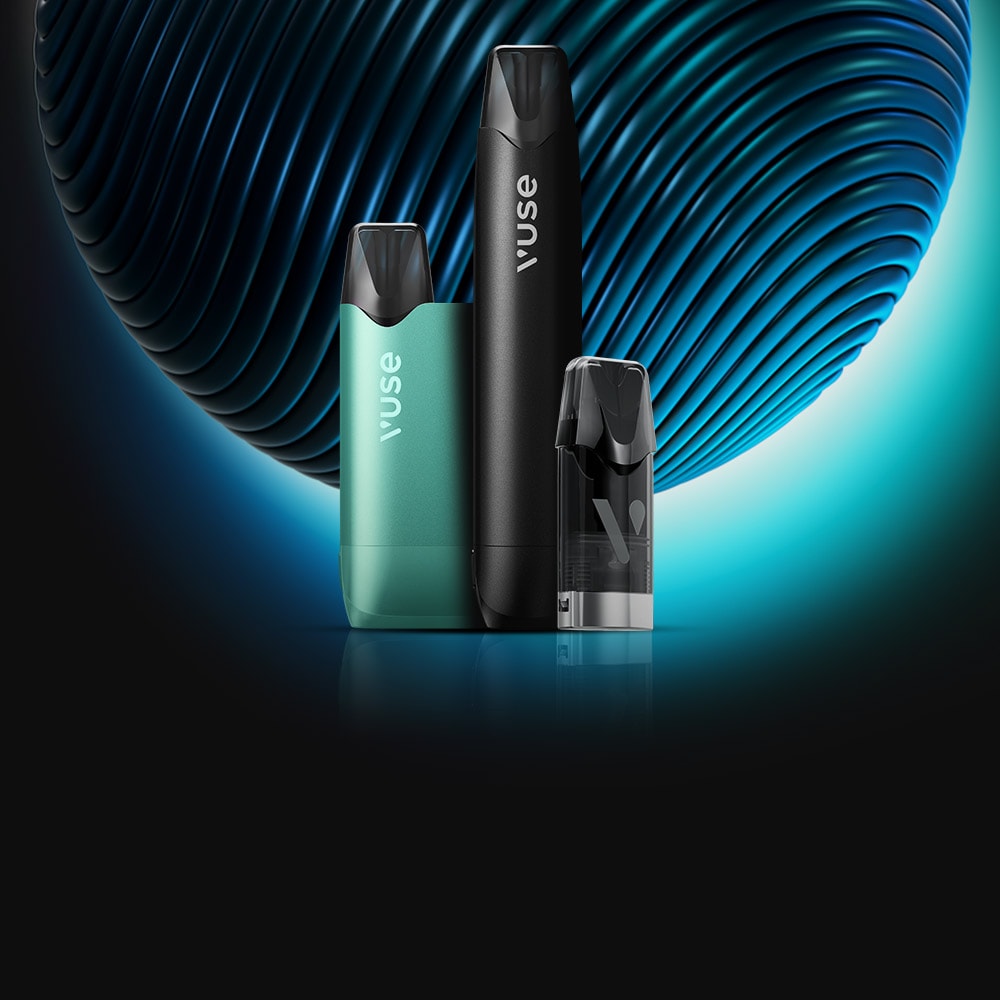 Vuse Ireland Three Vuse vape devices—one teal, one black, and one transparent—stand upright in front of a glowing, blue-lit abstract sphere with a dark background.