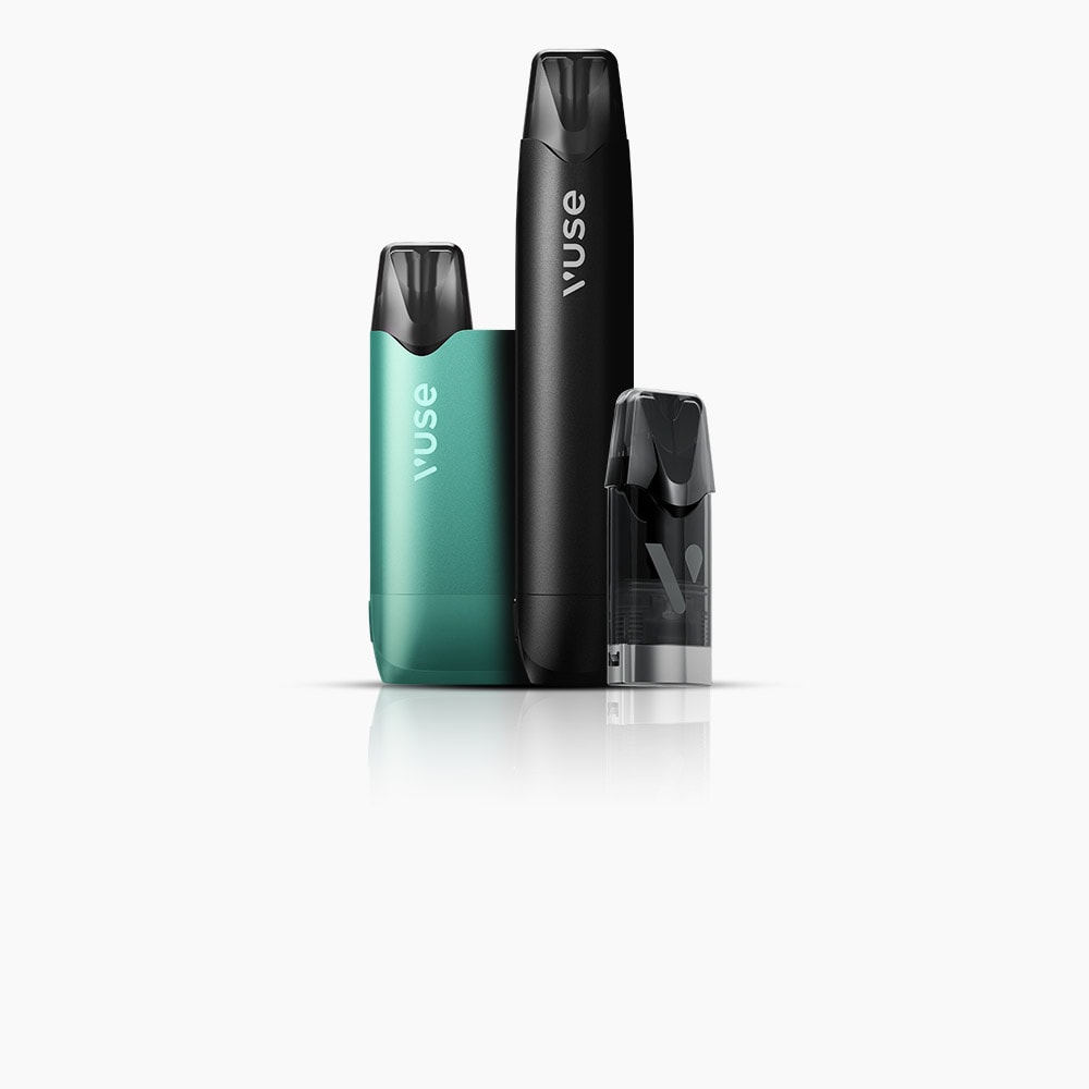 Vuse Ireland Three Vuse vape devices and a refill pod are standing on a white reflective surface with a plain white background.