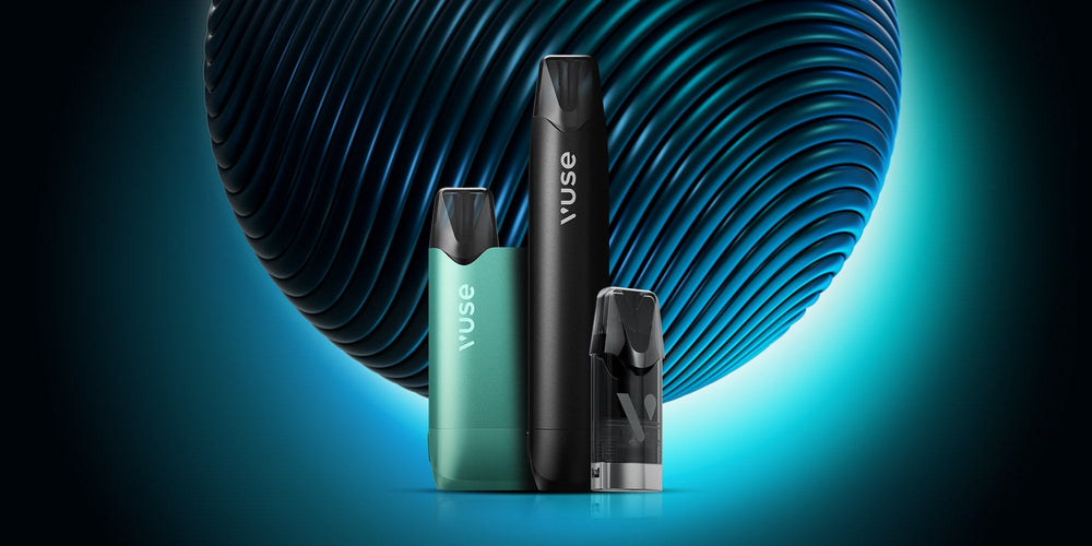 Vuse Ireland Three Vuse vape devices in green, black, and gray stand upright on a glowing blue surface, with a large, textured, blue sphere in the background.