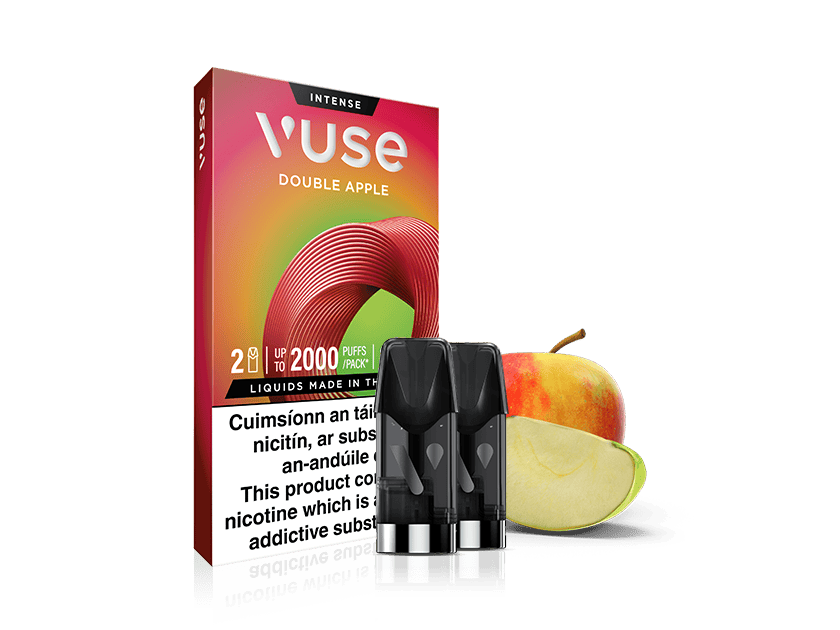 Vuse Ireland Vuse Double Apple vape box with three vape pods in front and a whole apple with a slice beside them, on a white background.