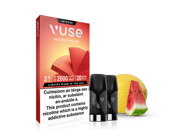 Vuse Ireland A Vuse Double Melon Extra Intense vape pod pack from VUSE, containing two pre-filled e-liquid pods, is shown alongside a watermelon slice and a melon half. The packaging displays a nicotine warning in both English and Irish, emphasizing the use of nic salts for smooth satisfaction.