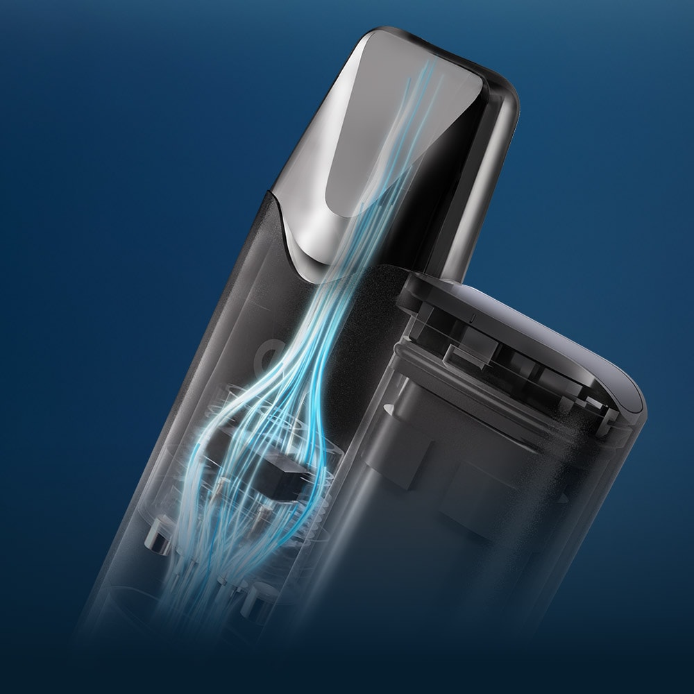 Vuse Ireland A close-up of a sleek, black electronic device with blue airflow lines digitally illustrated inside, showing internal air movement. The device is partially opened, revealing inner components against a blue gradient background.