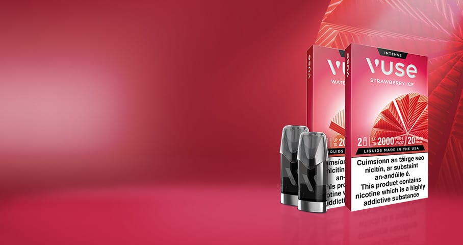 Two Vuse Strawberry Ice vape pod boxes and two vape pods are displayed on a glossy red surface with a red gradient background. The packaging features warning labels about nicotine content.