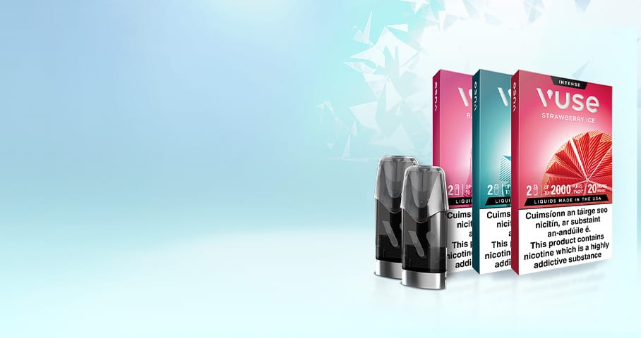 Two Vuse e-cigarette devices and three boxes of Vuse Strawberry Ice e-liquid pods are displayed on the right side of a light blue background with a geometric pattern.