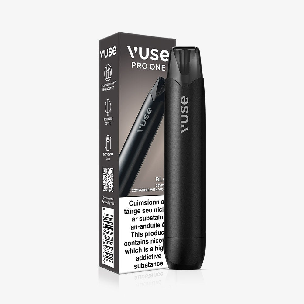 A black VUSE Pro One Pen is positioned beside its matching box, which features VUSE branding and product details in both English and Irish.