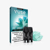 The VUSE Pod Mint Ice Extra Intense pack features two pre-filled e-liquid pods displayed in front of the box, which is adorned with a mint leaf design. Fresh mint leaves are placed beside the VUSE PRO pods to highlight the refreshing experience.