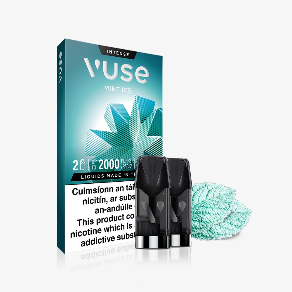 The VUSE Pod Mint Ice Extra Intense pack features two pre-filled e-liquid pods displayed in front of the box, which is adorned with a mint leaf design. Fresh mint leaves are placed beside the VUSE PRO pods to highlight the refreshing experience.
