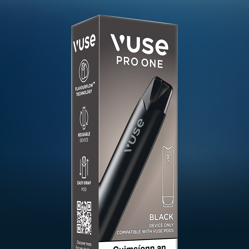 A box of the VUSE Pro One Pen vape device is displayed on a blue background. The packaging emphasizes features such as FlavourFlow technology, reusability, and easy-swap pods, with an illustration of the device shown on the box.