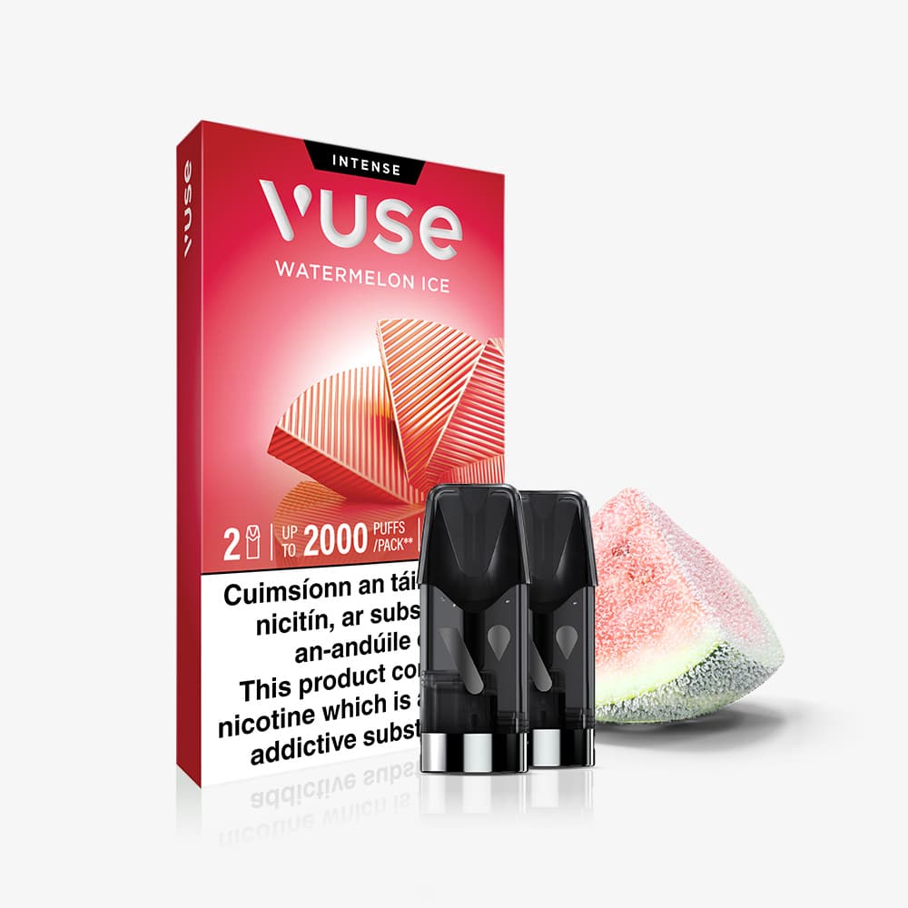 Vuse Ireland VUSE Pod Watermelon Ice Extra Intense packaging is displayed, featuring two sleek black VUSE PRO pods in front and a slice of watermelon on the right. The box includes a warning label at the bottom. These pre-filled e-liquid pods offer the refreshing taste of Watermelon Ice Extra Intense for a satisfying vaping experience.