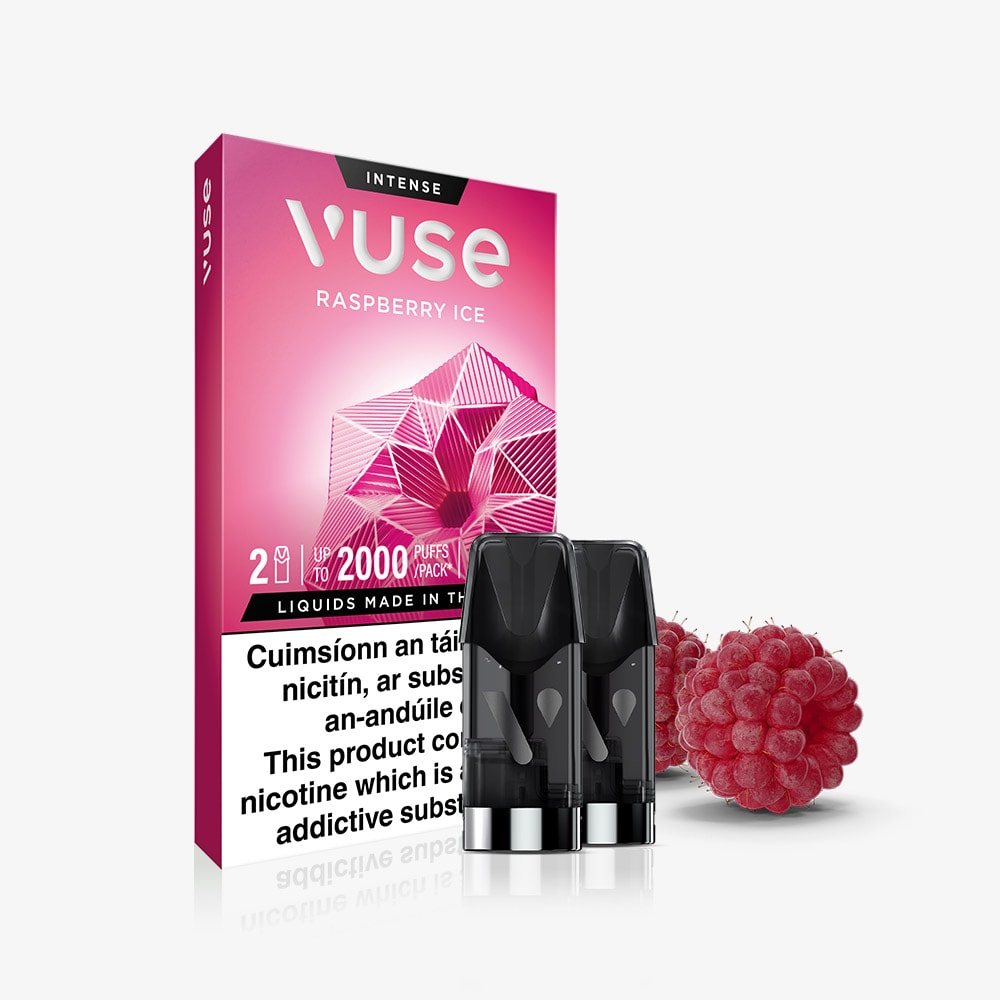 Vuse Raspberry Ice Extra Intense vape pod box by VUSE, featuring two black pre-filled e-liquid pods alongside a fresh raspberry image and bilingual English and French nicotine warnings. These Extra Intense Pods use nic salts for an ultra-smooth vaping experience.