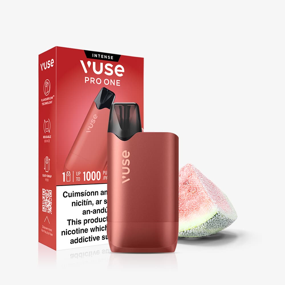 Vuse Ireland Red Vuse Pro One Box Watermelon Ice rechargeable vape device and its matching box packaging, featuring an illustration of a watermelon slice.