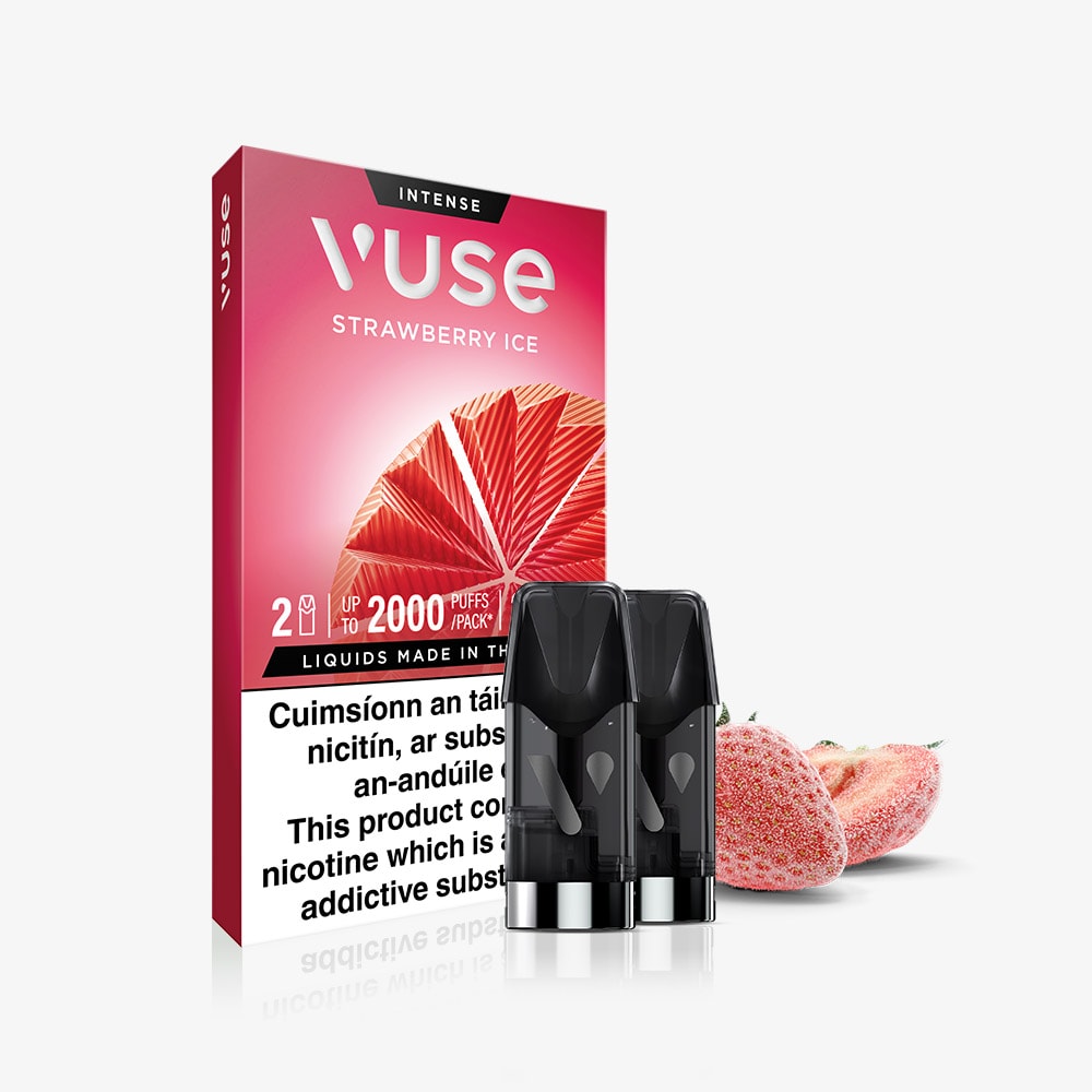 A VUSE Pod Strawberry Ice Extra Intense pack with two Vuse PRO pods, partial product warning text visible, and two strawberries in the background on a white surface. The pack contains pre-filled e-liquid pods from VUSE for convenient and satisfying use.