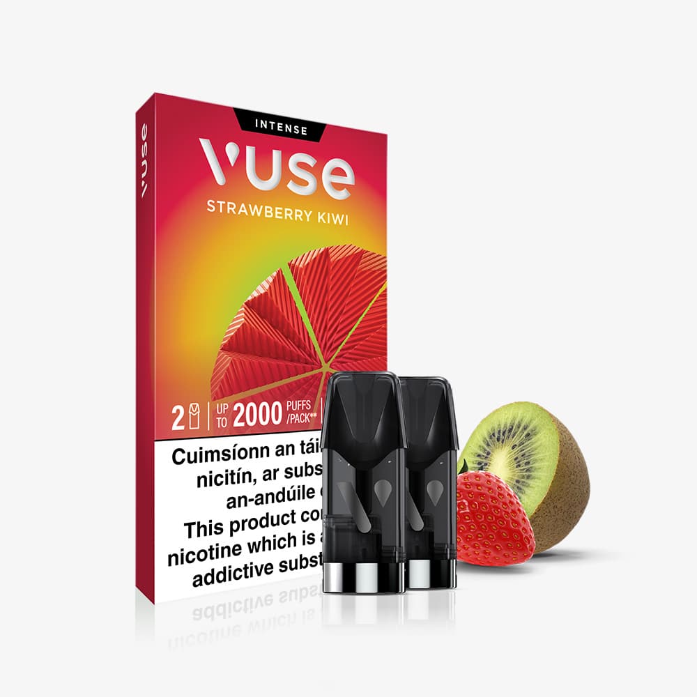 Vuse Ireland A Vuse Strawberry Kiwi Extra Intense pack by VUSE with two pre-filled e-liquid pods displayed in front, beside a sliced kiwi and strawberry. The packaging features health warnings in both English and Irish, and the Strawberry Kiwi Extra Intense pods are fully compatible with Vuse PRO devices.