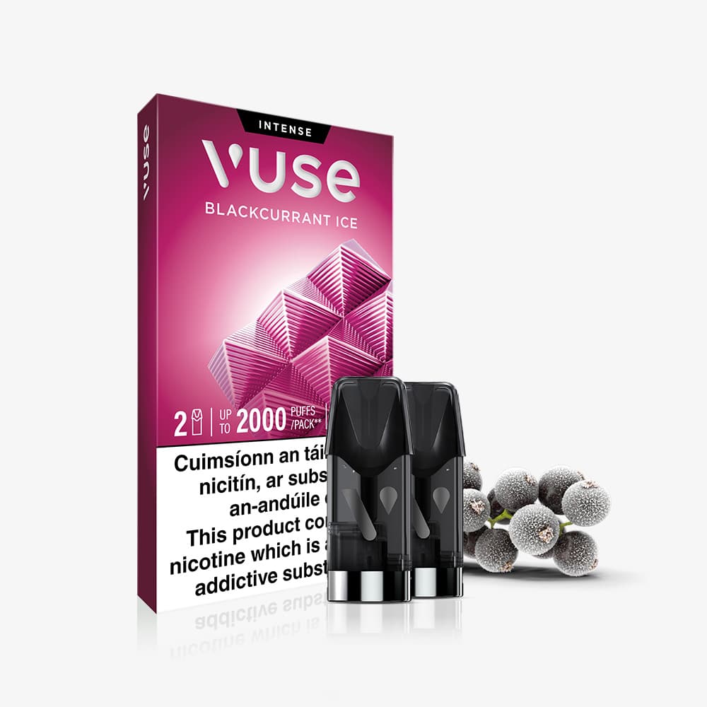 Vuse Ireland VUSE Pod Blackcurrant Ice Extra Intense packaging displayed with two pre-filled e-liquid pods in front and a cluster of blackcurrants beside them. The box features text highlighting the VUSE Extra Intense flavour and nicotine warning, emphasizing the refreshing taste of Blackcurrant Ice.