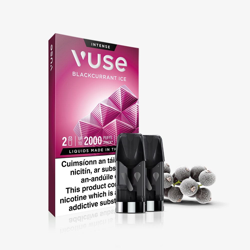 VUSE Pod Blackcurrant Ice Extra Intense packaging features two black e-liquid pods and fresh blackcurrants arranged in front of the box. The pink box showcases geometric designs and product information in white text, emphasizing the bold flavour of VUSE Pod Blackcurrant Ice Extra Intense for a truly intense vaping experience.