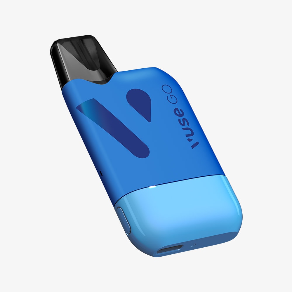 A compact rechargeable vape device labeled Vuse Go Reload Blueberry Raspberry by VUSE is shown at an angle on a white background. The blue and black device features a mouthpiece and a charging port at the bottom, making it an ideal and convenient starter kit.
