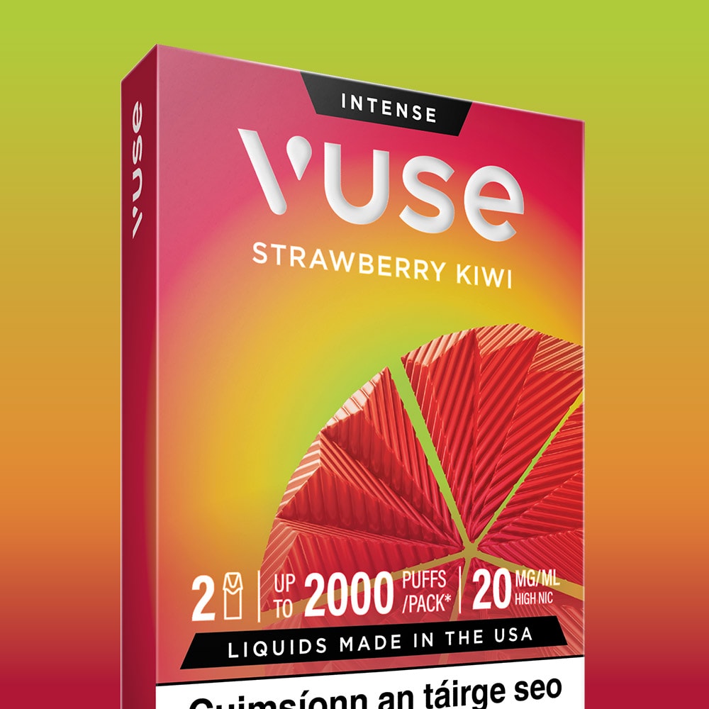 VUSE Strawberry Kiwi Extra Intense vape packaging features bold red and pink colors, geometric fruit artwork on a gradient background, and showcases Strawberry Kiwi pods compatible with Vuse PRO devices. The box highlights 2000 puffs per pack, 20mg/mL nicotine strength, two pods included, and the distinctive branding of VUSE.