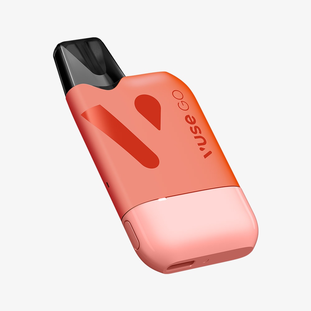 A compact red and pink rechargeable vape device, branded VUSE and labeled "Vuse Go Reload Watermelon Ice," with a black mouthpiece is displayed on a white background, featuring the refreshing Watermelon Ice flavor.