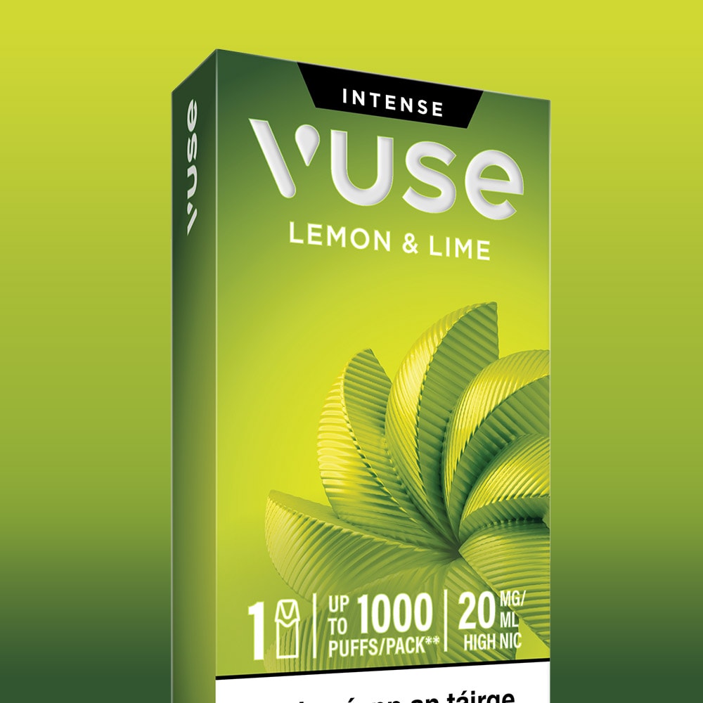 A VUSE Lemon & Lime Extra Intense (1P) vape box features a green gradient background, a stylized leaf design, and text highlighting 1000 puffs per pack with 20mg high nicotine.