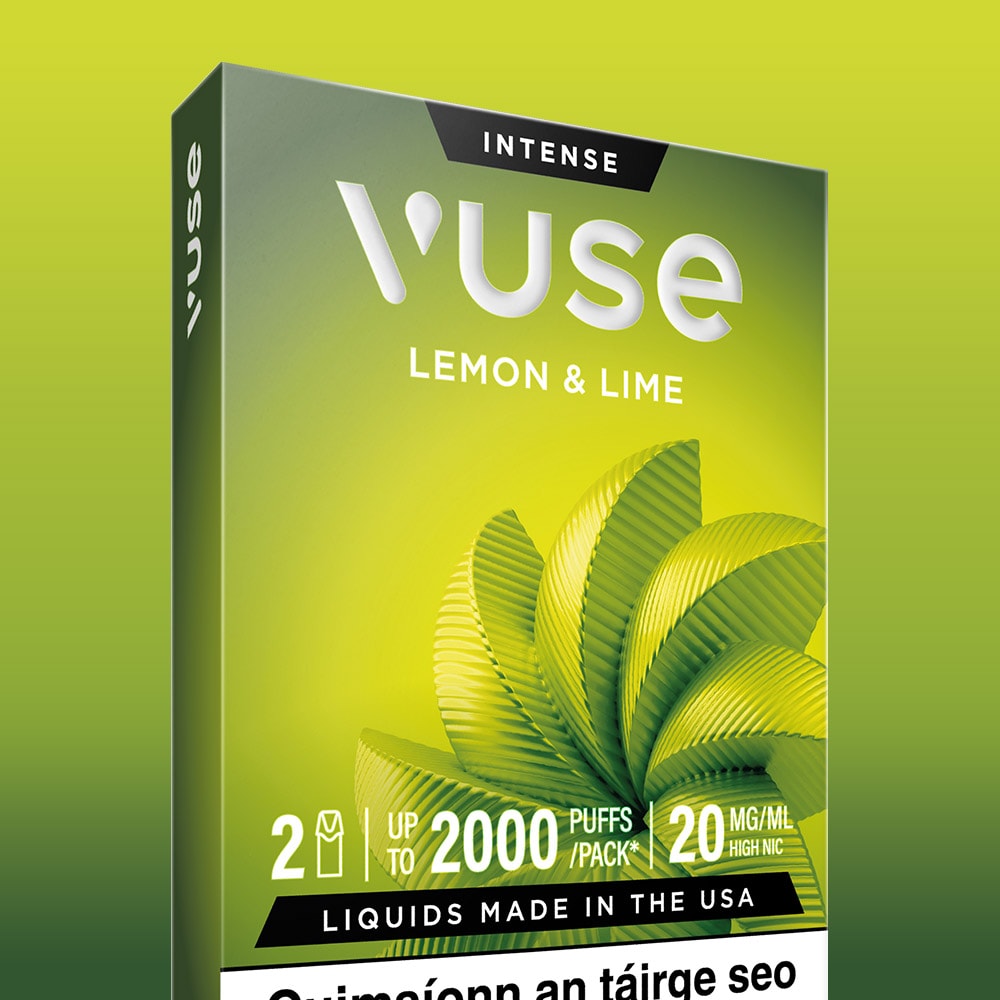 Introducing the VUSE Lemon & Lime Extra Intense vape box, adorned with green leaf graphics and a vibrant green gradient background. Enjoy the refreshing taste of lemon and lime with intense nic salts for a smooth experience, offering up to 2000 puffs per pack at 20 mg/ml high nicotine strength. The premium liquids are crafted in the USA, and this device is perfectly compatible with your favorite Vuse Pods.