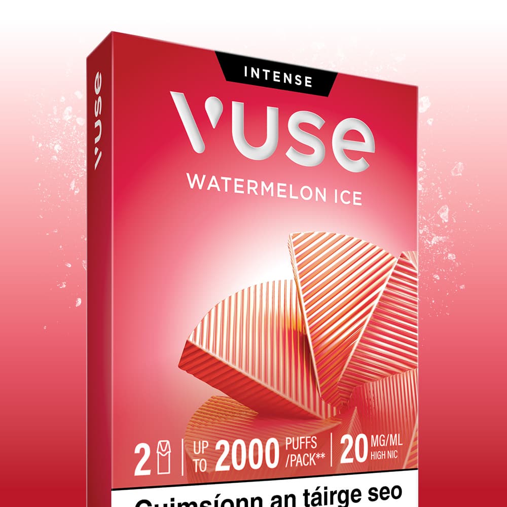 Vuse Ireland A striking red VUSE box for the Vuse Pod Watermelon Ice Extra Intense features a vivid sliced watermelon illustration, emphasizing up to 2000 puffs per pack and 20 mg/ml high nicotine on a bold red gradient backdrop. The packaging spotlights these popular Watermelon Ice pre-filled pods, designed specifically for use with VUSE PRO pod devices.