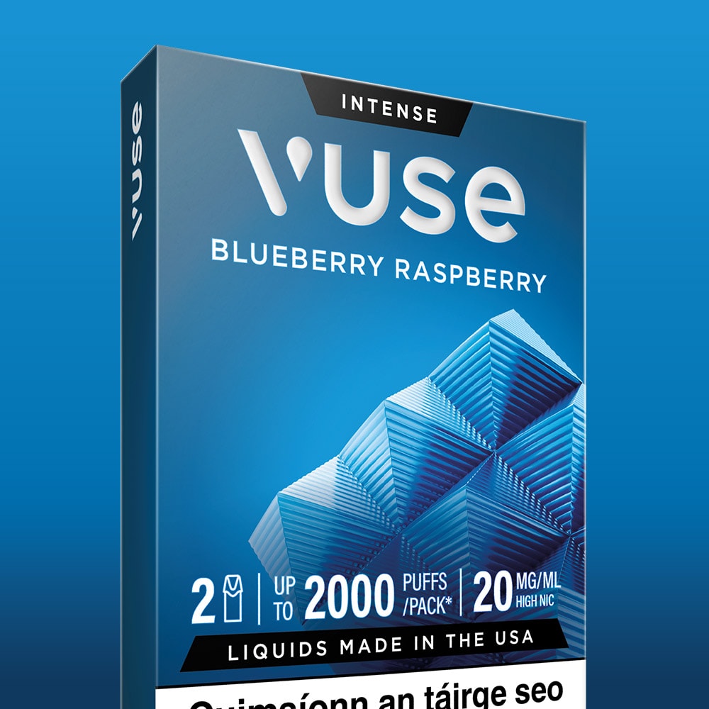 A VUSE Pod Blueberry Ice Extra Intense vape box, showcasing bold blue geometric designs and key features such as 2000 puffs, 20 mg/ml nicotine strength, and a "Made in the USA" statement. Ideal for fans of Blueberry Vuse Pods or anyone eager to experience the smooth taste found in Blueberry Ice Vuse Pods.