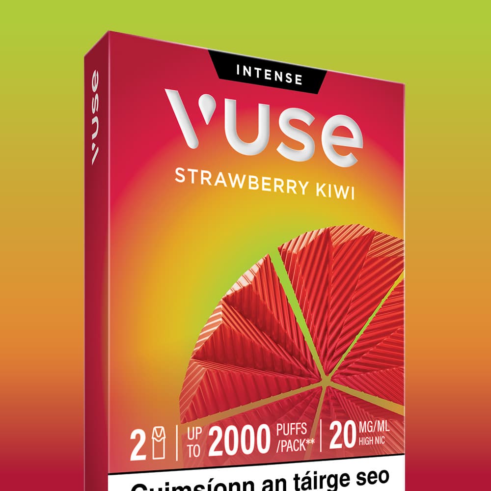 Vuse Ireland A red and orange VUSE box labeled “Vuse Strawberry Kiwi Extra Intense” displays a geometric fruit design, along with key details: 2 ml capacity, up to 2000 puffs per pack, and 20 mg/ml nicotine strength. This package includes Vuse pre-filled e-liquid pods compatible with Vuse PRO devices, delivering an extra intense Strawberry Kiwi flavor in every puff.