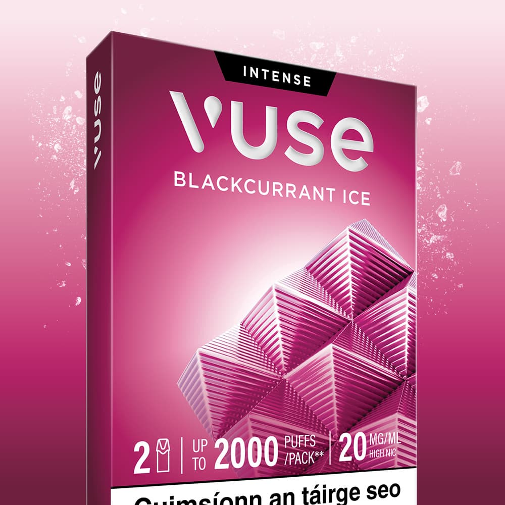Vuse Ireland A pink VUSE box labeled “Vuse Pod Blackcurrant Ice Extra Intense” and decorated with geometric patterns, containing 2 ml pre-filled e-liquid pods with up to 2000 puffs per pack and 20 mg/ml nicotine for a genuinely VUSE Extra Intense flavour.