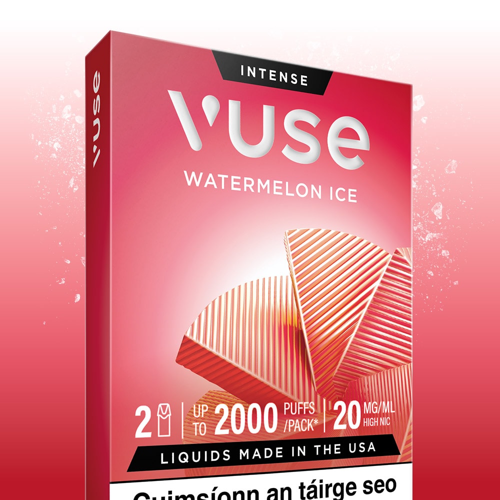 VUSE Vuse Pod Watermelon Ice Extra Intense packaging features vibrant red and pink tones with geometric watermelon slice designs. The box prominently displays “INTENSE,” “Up to 2000 puffs/pack,” and “20 mg/mL high nicotine.” This product uses pre-filled e-liquid pods for convenience and is compatible with Vuse PRO pods.