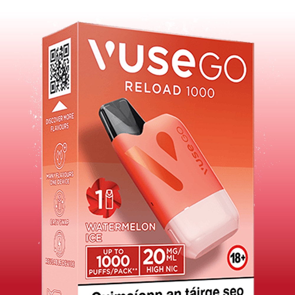 VUSE Go Reload Watermelon Ice packaging showcases the VUSE Go Reload rechargeable vape device in a crisp watermelon ice flavor. This starter kit contains 20 mg/mL nicotine strength and provides up to 1000 puffs per pack. The box prominently features the device itself, a QR code, and an 18+ age restriction label.