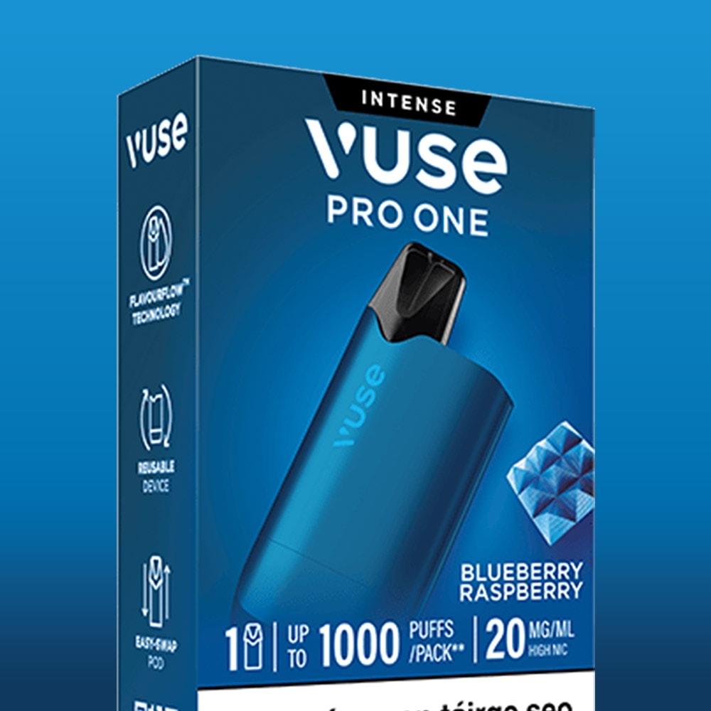Vuse Ireland Blue and black Vuse Pro One Box Blueberry Raspberry packaging featuring a blue pod, flavor text, and labels for 1000 puffs and 20 mg/ml nicotine.