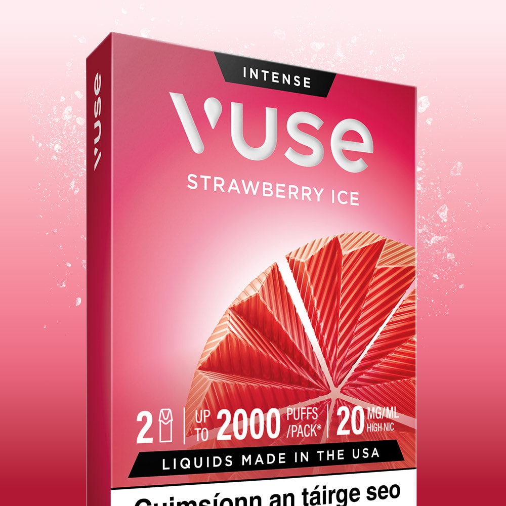 A box of VUSE Pod Strawberry Ice Extra Intense showcases a vibrant pink and red design with a strawberry illustration, reflecting the cool, refreshing taste of these pods. The packaging highlights that it contains 2 devices, each delivering up to 2000 puffs per pack with 20 mg/ml high nicotine strength from pre-filled e-liquid pods. A pink gradient background complements the bold flavor experience provided by VUSE.