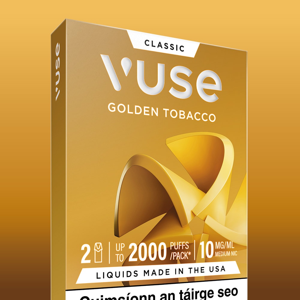 A package of Golden Tobacco Vuse Classic Flavour Pods by VUSE, showcasing bold white text that highlights up to 2000 puffs per pack and 10 mg/ml nic salts, with a stylized gold ribbon design on the front.