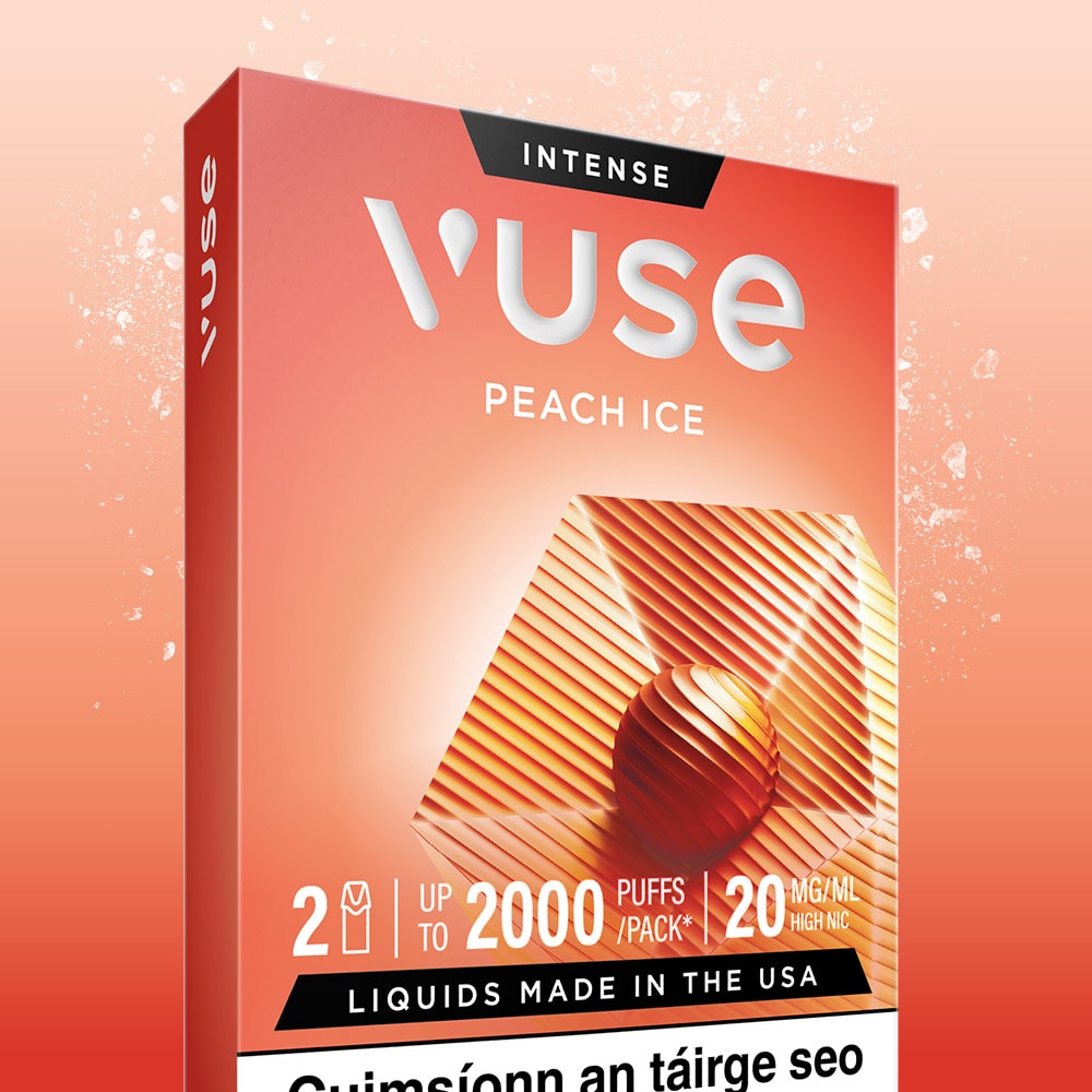 VUSE Peach Ice Extra Intense vape packaging features a geometric design with a glowing sphere on the front and displays key product details: 2 ml e-liquid, up to 2000 puffs per pack, 20 mg/ml nicotine strength, and liquids made in the USA. These convenient Vuse pre-filled e-liquid pods are compatible with Vuse PRO devices, delivering a smooth vaping experience with bold Peach Ice flavor.