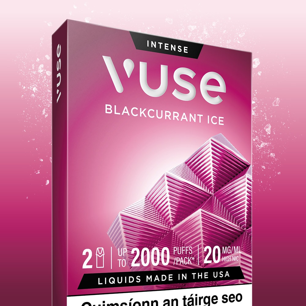 A pink VUSE box featuring geometric patterns showcases the Vuse Pod Blackcurrant Ice Extra Intense flavor. The packaging highlights 2000 puffs, contains 2 devices per pack, and offers 20 mg/ml nicotine strength. The box states "Liquids Made in the USA." Ideal for those seeking Vuse Extra Intense satisfaction, these Blackcurrant Ice pods deliver smooth flavor in convenient e-liquid pods.