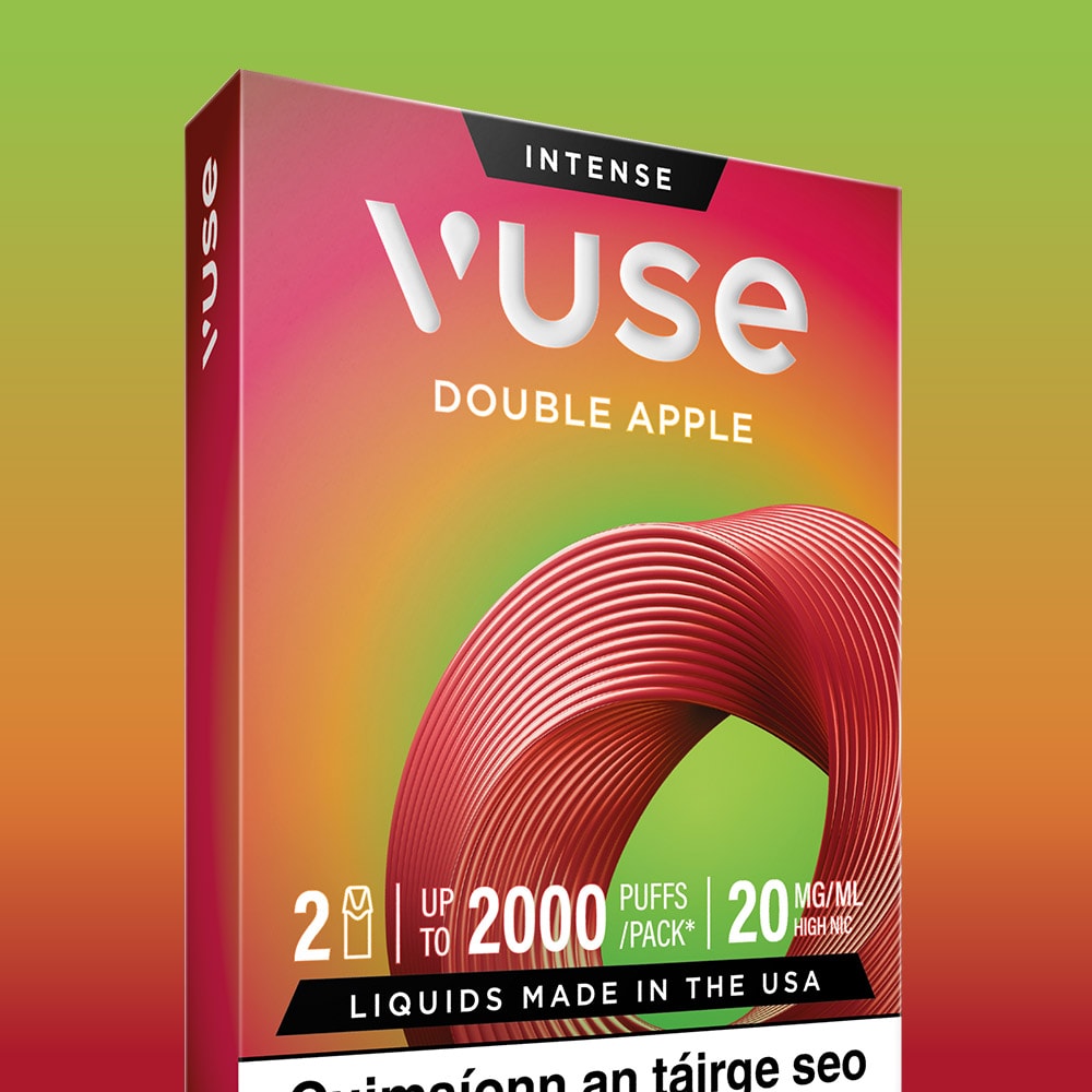 A VUSE Double Apple Extra Intense vape packaging featuring "Extra Intense," up to 2000 puffs, 20 mg/ml nic salts, and "Liquids Made in the USA" displayed on a gradient background.