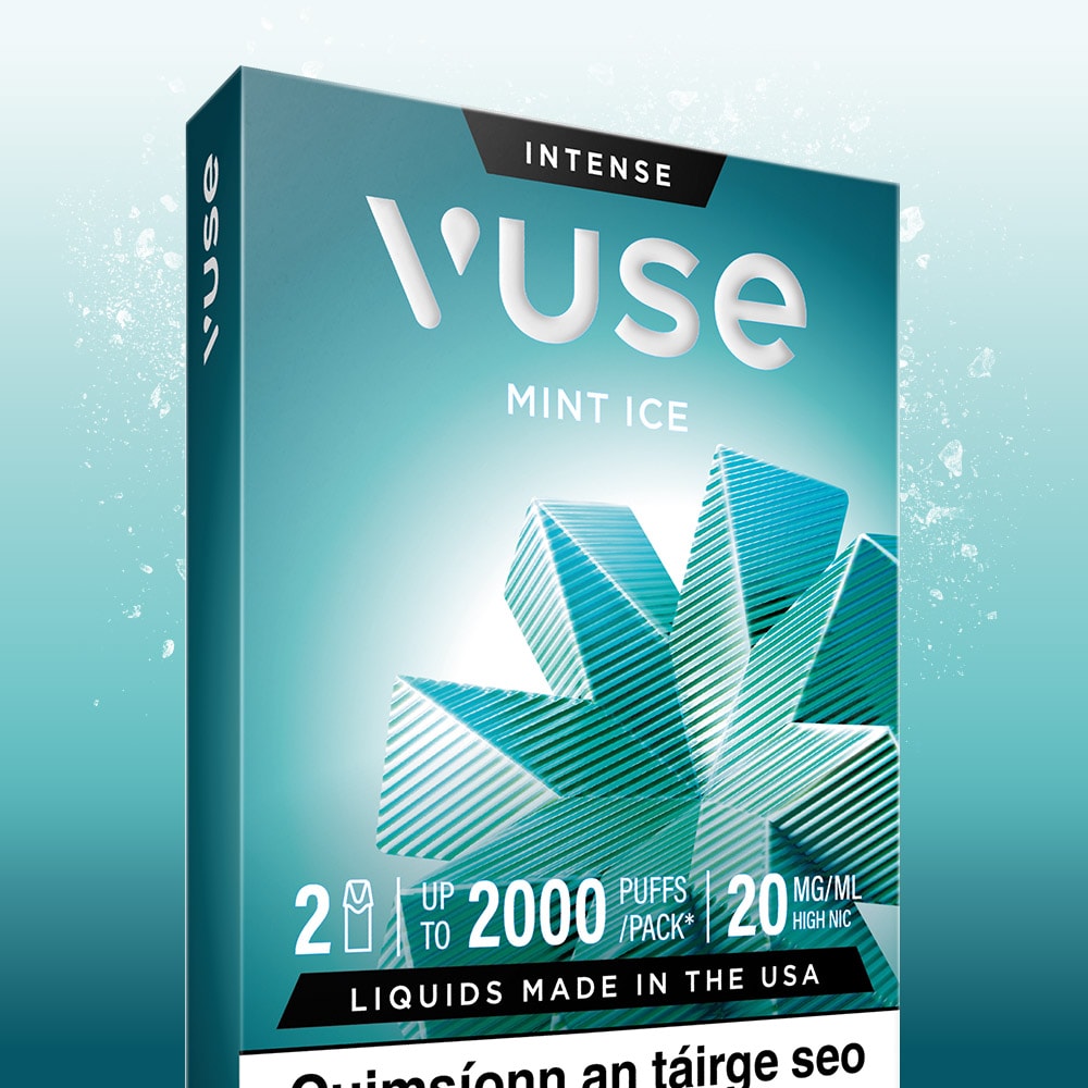 A VUSE Pod Mint Ice Extra Intense cartridge box, featuring the Intense label, a geometric mint leaf design, dosage details, and text indicating up to 2000 puffs with 20 mg/ml strength on a teal gradient background. These pre-filled e-liquid pods are compatible with Vuse PRO devices for a convenient and refreshing vaping experience.