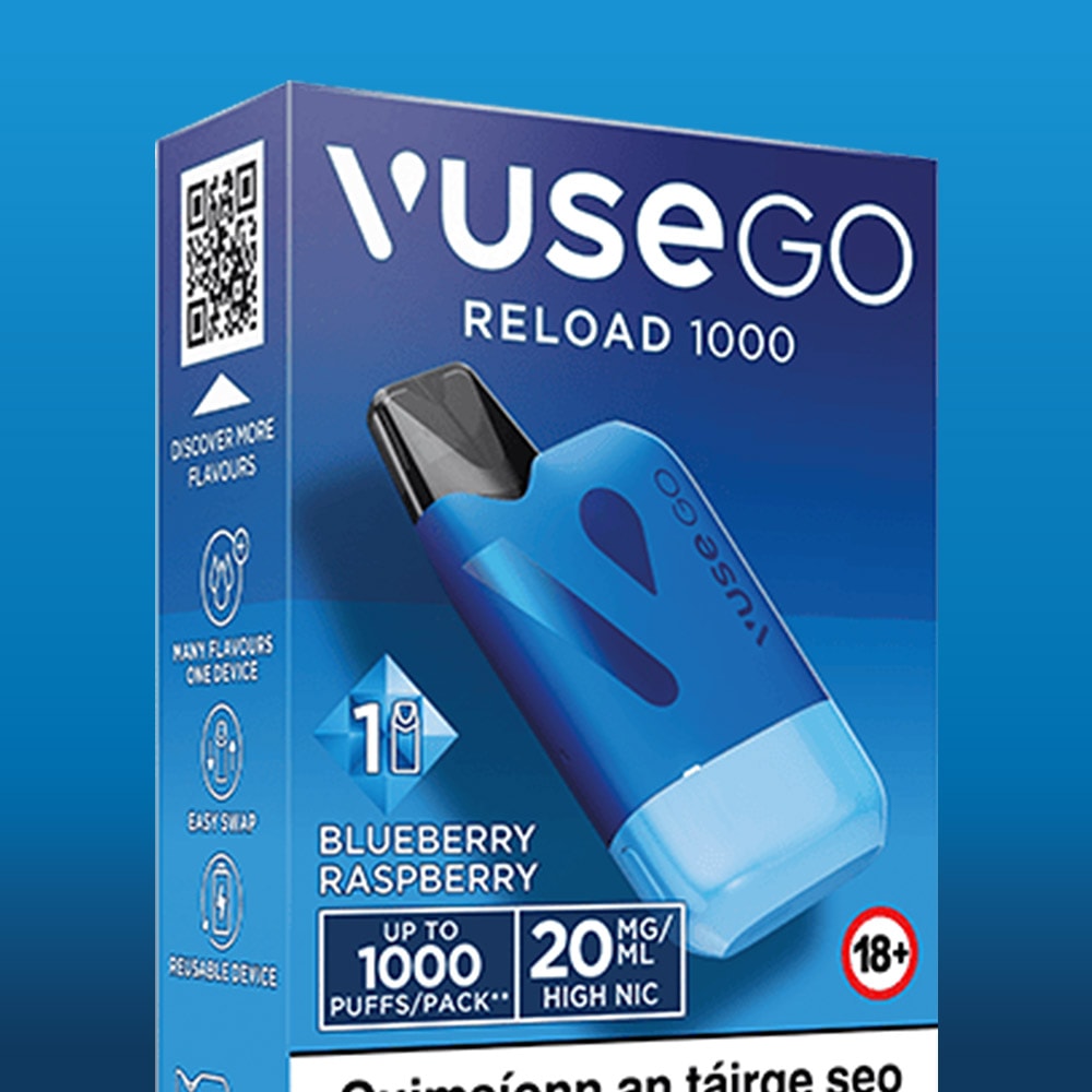 The VUSE Go Reload Blueberry Raspberry vape device box, in blue, showcases the Blueberry Raspberry flavor, contains 20mg/ml nicotine, and delivers up to 1000 puffs. This starter kit includes a rechargeable vape device from VUSE and features packaging with clear icons and an 18+ age restriction.