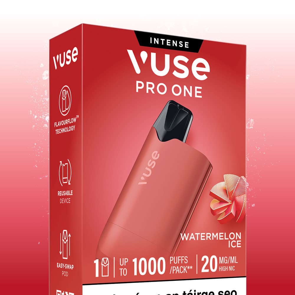 Vuse Ireland A pink, pen-shaped Vuse Pro One Box Watermelon Ice sits in front of its red product box, which features the text Watermelon Ice, 1000 Puffs, and 20 mg/ml.