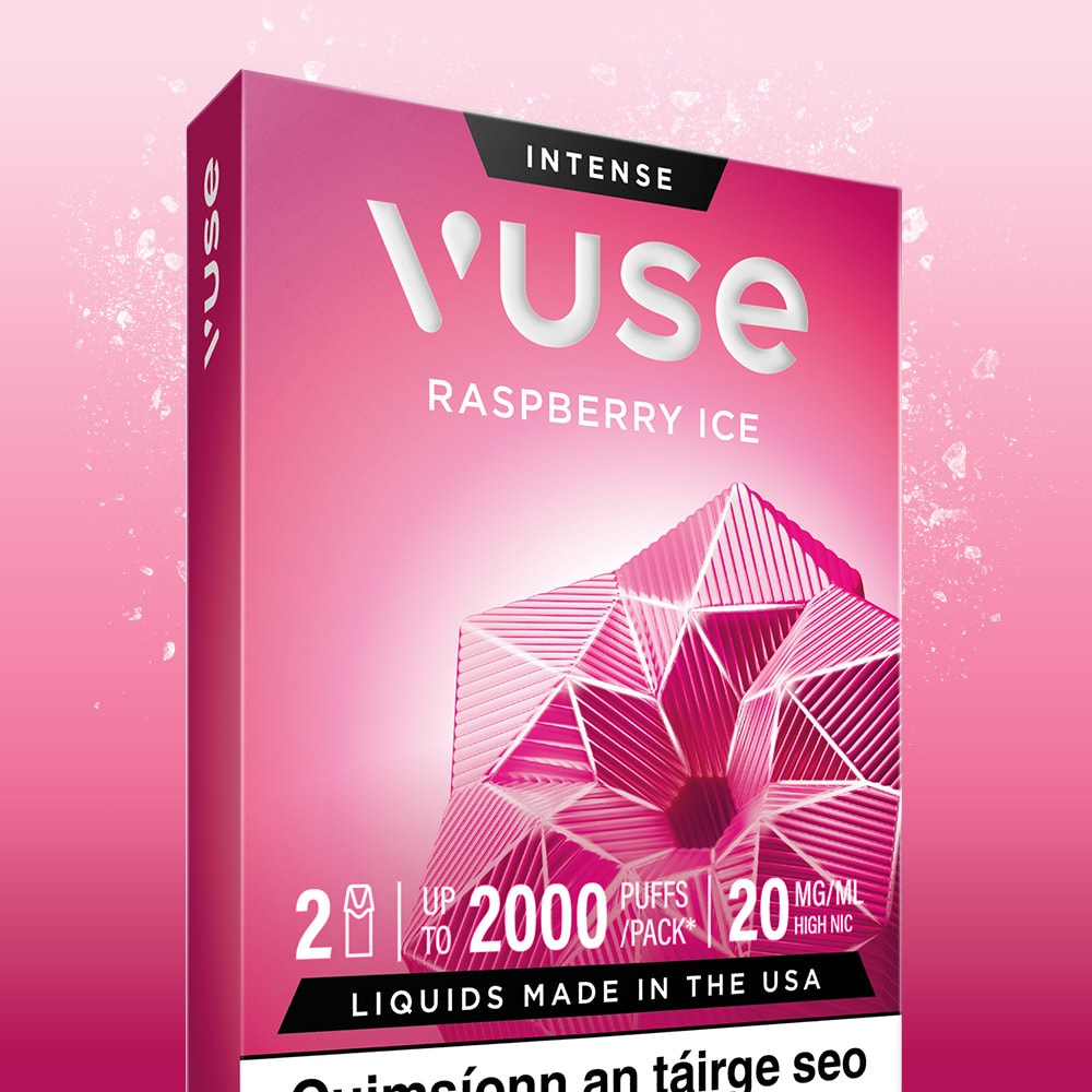 A pink VUSE Raspberry Ice Extra Intense vape box with a geometric raspberry design displays “2000 puffs,” “2 ml,” “20 mg/ml high nic nic salts,” and “Liquids made in the USA” on a pink gradient background. These VUSE Raspberry Ice Extra Intense pods come pre-filled for a smooth, convenient vaping experience.