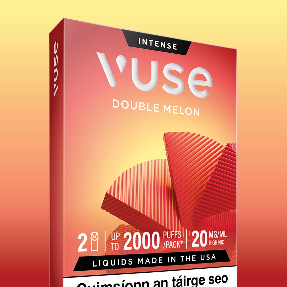 Vuse Ireland VUSE Double Melon Extra Intense vape packaging features vibrant red and orange tones with a gradient background, highlighting its “Intense” profile, 2,000 puffs capacity, 20 mg/ml high-nicotine salts, and “Made in the USA.” Includes VUSE pre-filled e-liquid pods for a convenient and flavorful Double Melon vaping experience.