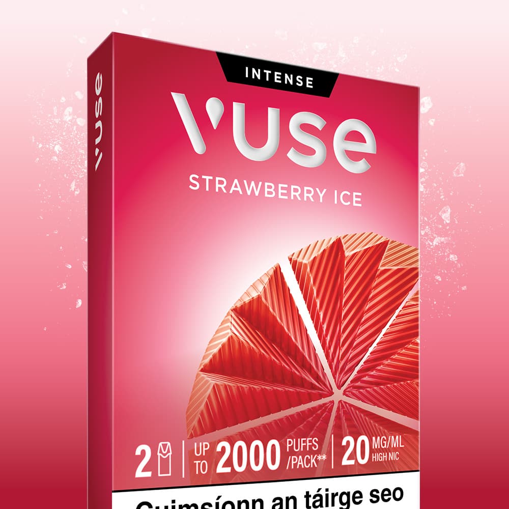 Vuse Ireland A red VUSE Pod Strawberry Ice Extra Intense vape box features a geometric strawberry design, showcasing up to 2000 puffs, 20 mg/mL nicotine strength, and an “Extra Intense” label. The packaging highlights pre-filled e-liquid pods for convenience, set against a pink background with dynamic splashes.