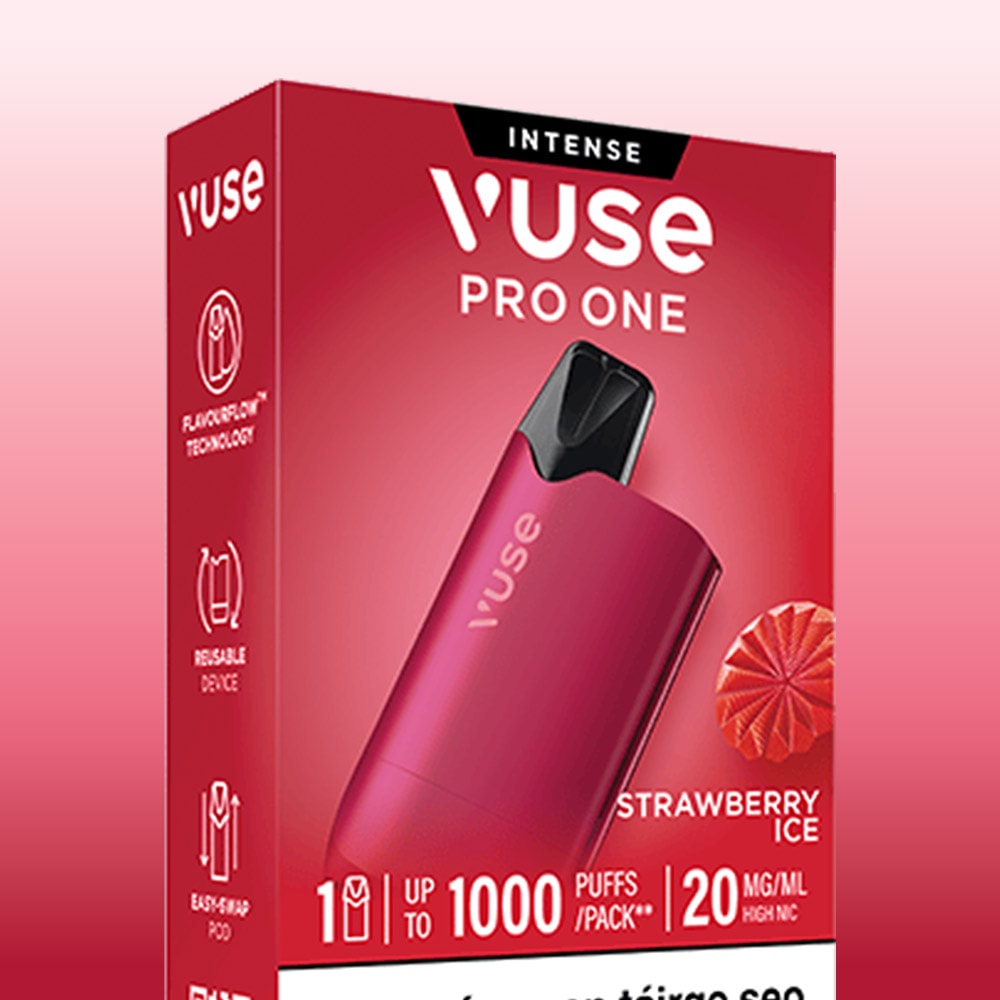 The Vuse Pro One Box Strawberry Ice by VUSE features a rechargeable vape device with a vibrant strawberry graphic and text highlights: “up to 1000 puffs” and “20 mg/ml.” The packaging also displays icons for flavor, refill, and device features, making it an ideal starter kit for those interested in exploring Vuse GO RELOAD options.