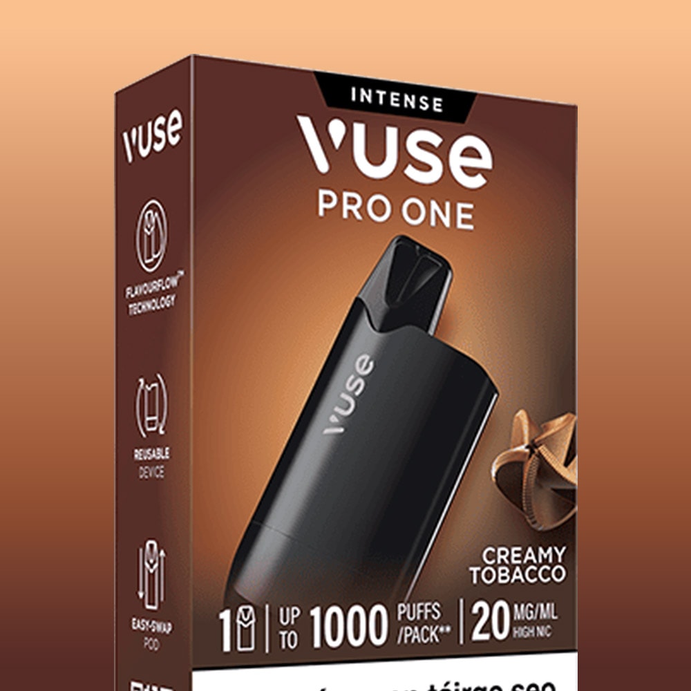 Introducing the Vuse Pro One Box Creamy Tobacco by VUSE—a black rechargeable vape device labeled "Intense" and "Creamy Tobacco," offering up to 1000 puffs per pack at 20 mg/ml nicotine. Featuring icons for flavor, reusability, easy swap, and powered by Vuse Reload FlavourFlow technology for a smooth vaping experience.