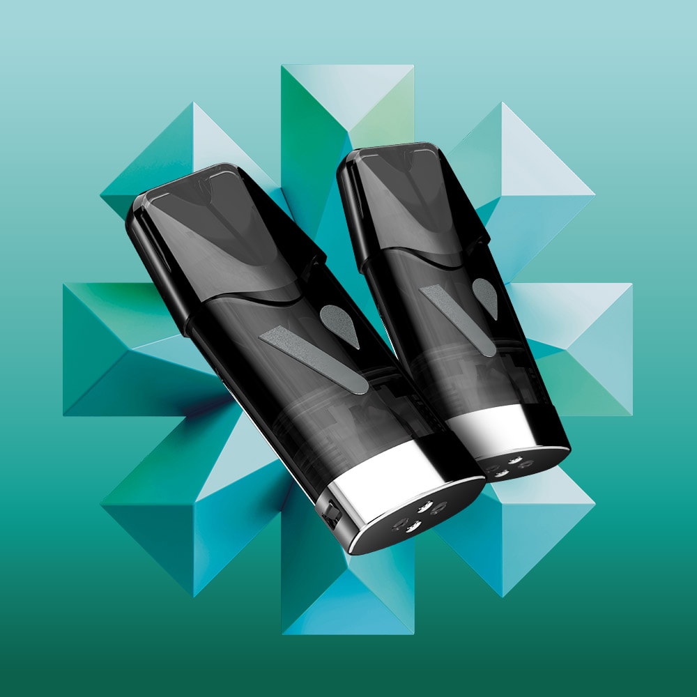 Two sleek black VUSE pods are displayed against a teal geometric background with diamond shapes, highlighting the refreshing appeal of pre-filled e-liquid options like the Chilled Mint Vuse Classic Flavour Pods.