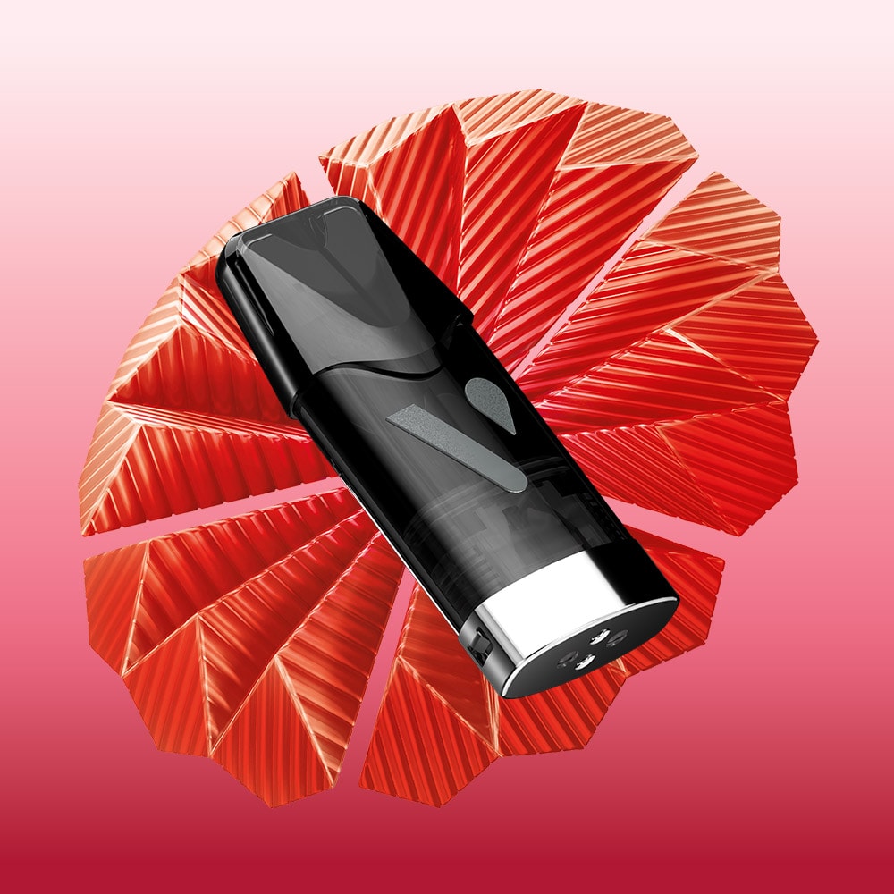 A VUSE Pro One Box Strawberry Ice rechargeable vape device, perfect for beginners, is centered over a geometric red fan-inspired background with a gradient pink backdrop.