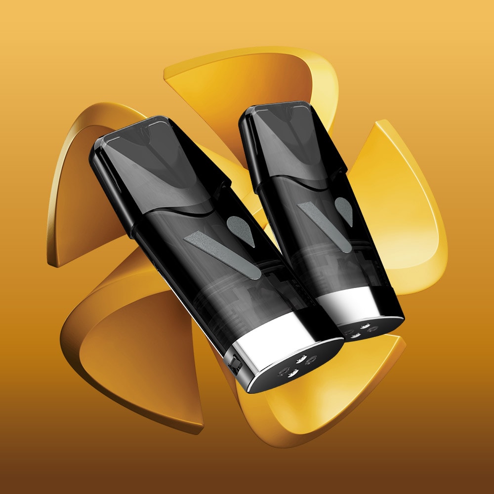 Two sleek, black Golden Tobacco Vuse Classic Flavour Pods by VUSE are positioned side by side in front of a golden, abstract, pinwheel-like shape on a gradient gold background, evoking the refined allure of this signature classic tobacco flavour.